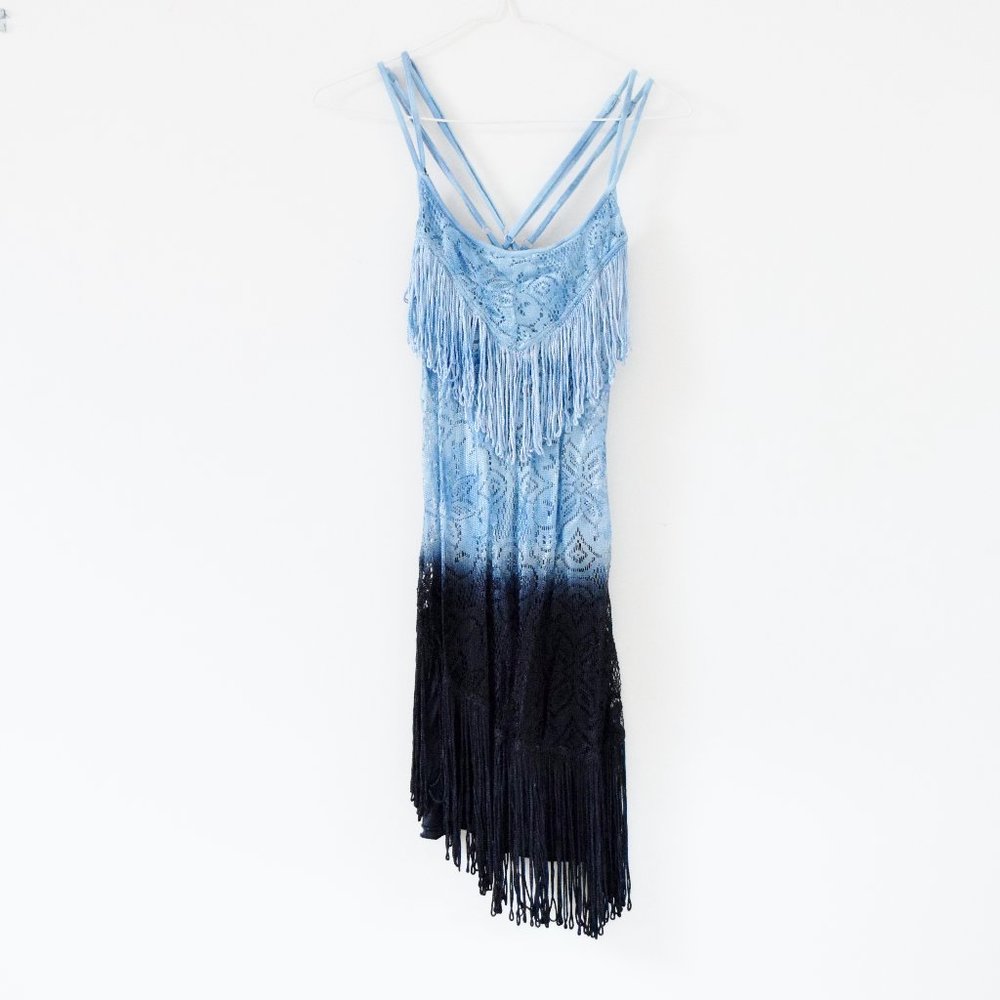 FREE PEOPLE Blue Ombre Fringe Strappy Crochet Asymmetrical Midi Dress | Size XS